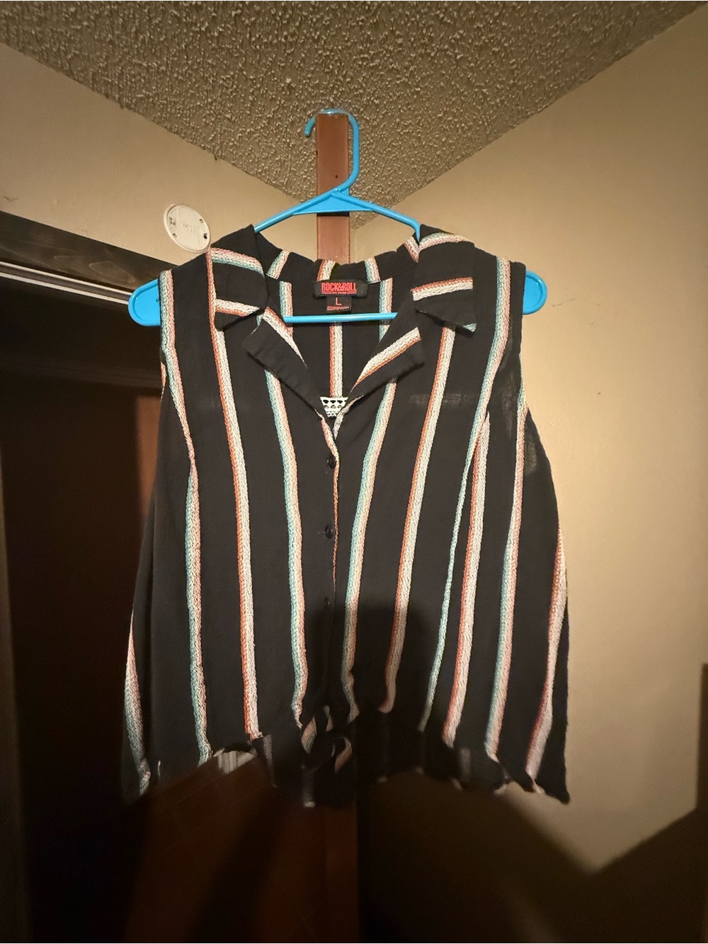 Black Striped Sleeveless Button-Front Top